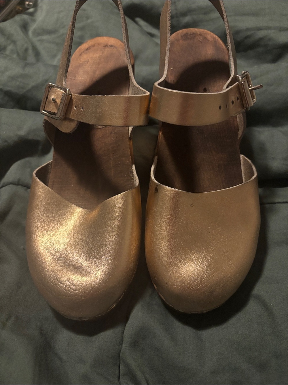 Lotta’s from Stockholm Metallic Bronze Leather Clog Sandals with Ankle Strap